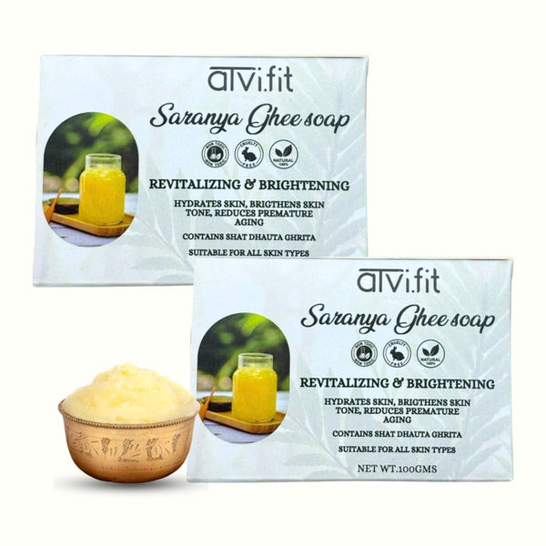 Atvi.fit Saranya ghee soap made with Shat dhaut ghee which is 100 times washed. It Hydrates, brigthens and moisturizes skin deeply delaying prematured signs on ageing (Pack of 2)