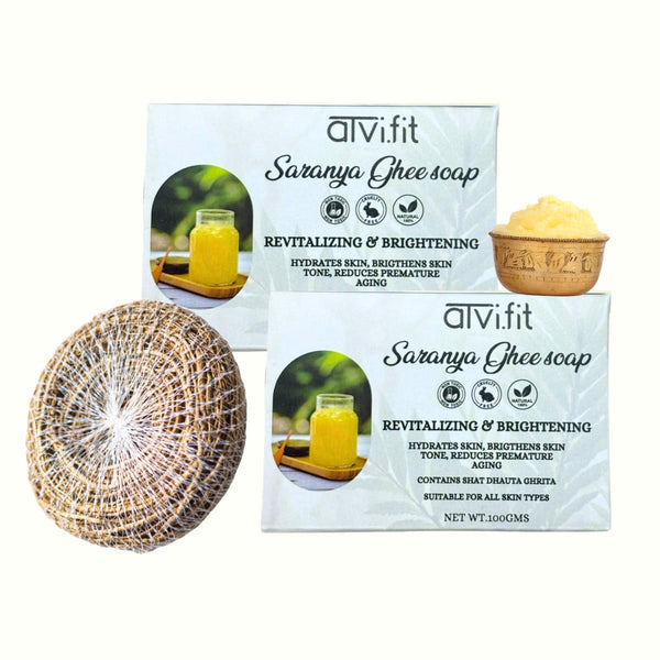 Atvi.fit Saranya ghee soap made with 100 times washed ghee Hydrates, brigthens and moisturizes skin deeply delaying signs on ageing (Pack of 2 with Natural Biodegradable Vetiver (Khus) roots loofah/ Scrubber for bathing)