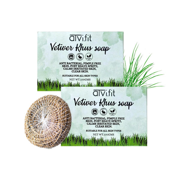 Atvi.fit anti Bacterial, anti-inflammatory Khus Vetiver roots soap for Pimple Free Skin, clear skin (Pack of 2 with Natural Biodegradable Vetiver (Khus) roots loofah/Scrubber for bathing)