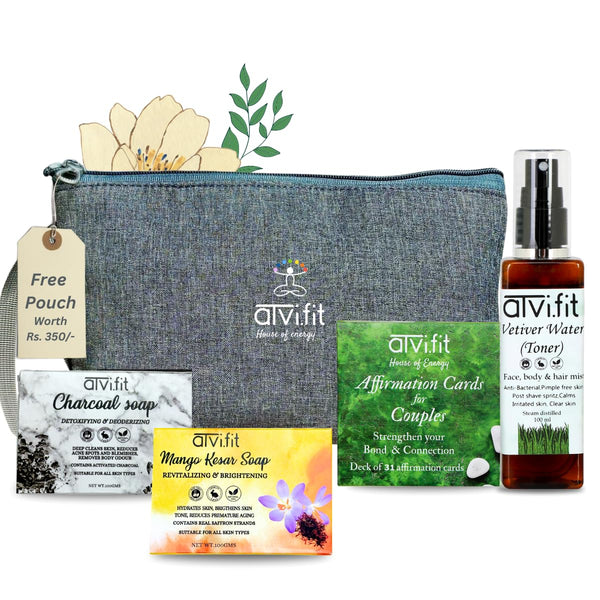 Atvi.fit Couples Combo with free Pouch | Vetiver Water||Natural Skin Toner 100ml,Charcoal soap enriched with rosemary essential oil 100gm,Revitalizing and brightening organic Mango Kesar soap 100gm,Positive Affirmation cards for Couples