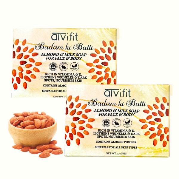 Atvi.fit organic Handmade Badam ki Batti Almond soap for Bath enriched with Almond and coconut oil.Deep moisturising for all skin types Contains Almond Powder Paraben Free (Pack of 2)