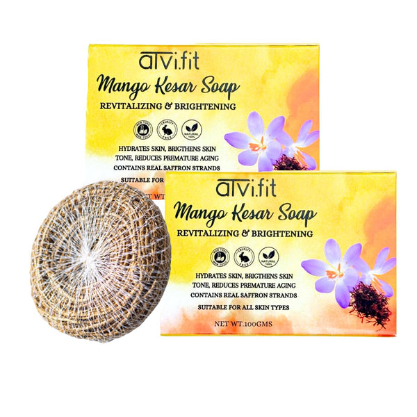 Atvi.fit organic Mango Kesar soap.Hydrating, brightening, natural soap made with mango powder (Pack of 2 with Natural Biodegradable Vetiver (Khus) roots loofah/Scrubber for bathing)