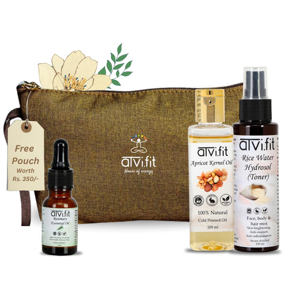 Atvi.fit Natural and Healthy combo with free Pouch | Rosemary essential oil for healthy hair and good Skin Care 15ml,Rice Water Toner/Mist Spray/Hydrosol 150ml,Apricot Kernel oil | |Rich in Vitamins A & C 100ml