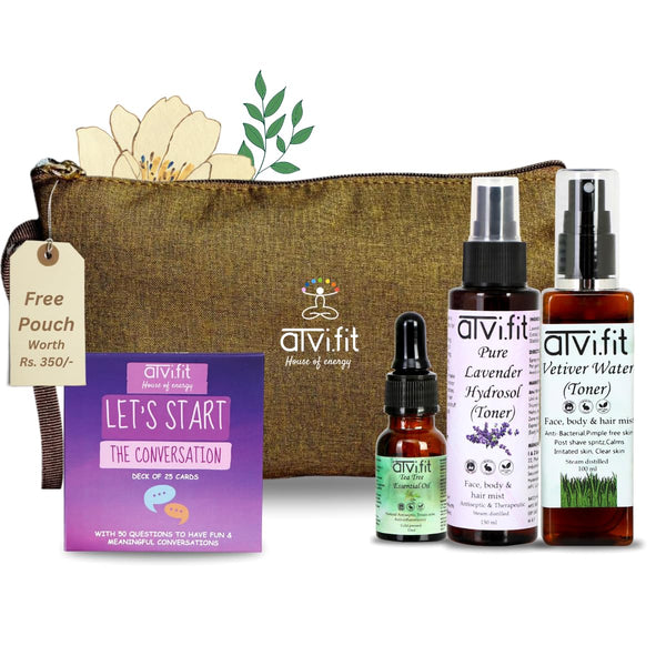 Atvi.fit Life style Combo with free Pouch Let's start a conversation" cards, Tea Tree Oil | For Skin, Hair, Face 15ml,Vetiver Water Natural Skin Toner 150ml,Lavender Hydrosol | |Natural Toner 150ml
