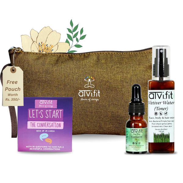 Atvi.fit Life style Combo with free Pouch Let's start a conversation" cards,Tea Tree Oil | For Skin, Hair, Face 15ml,Vetiver Water Natural Skin Toner 150ml