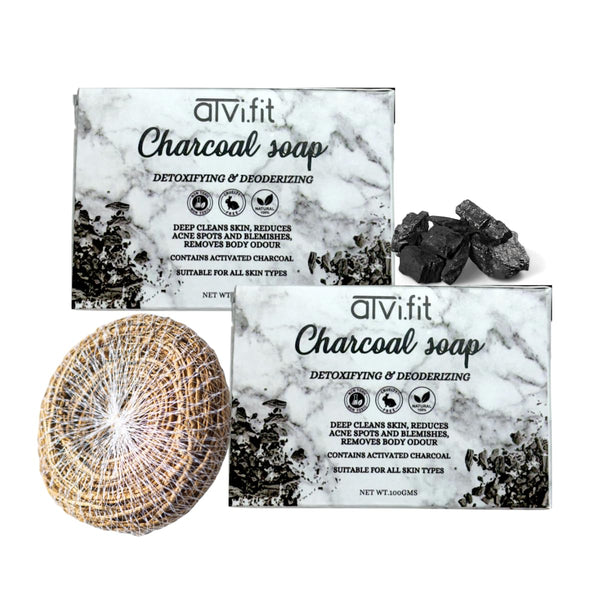 Atvi.fit charcoal soap enriched with rosemary essential oil (Pack of 2 with Natural Biodegradable Vetiver (Khus) roots loofah/Scrubber for bathing)
