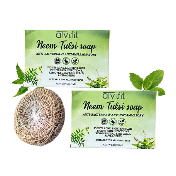 Atvi.fit neem tulsi soap Anti-bacterial & Anti-inflammatory soap(Pack of 2 with Natural Biodegradable Vetiver (Khus) roots loofah/Scrubber for bathing)