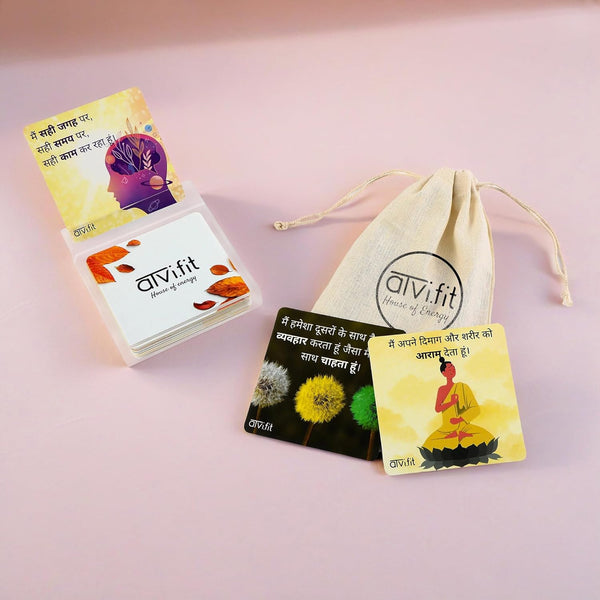 Hindi Affirmation Cards for Patience In Life | जीवन में संयम के लिए एफरमेशन कार्ड | Set of 31 Cards Wooden Table with Cotton Pouch